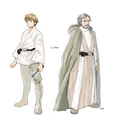 Rule 34 | 1boy, age progression, aged down, aged up, animification, beard, belt, blonde hair, blue eyes, boots, cape, dual persona, energy sword, facial hair, grey hair, hood, jedi, lightsaber, looking at viewer, luke skywalker, male focus, matsuri6373, old, science fiction, simple background, spoilers, star wars, star wars: a new hope, star wars: the force awakens, star wars: the last jedi, sword, tunic, weapon, white background