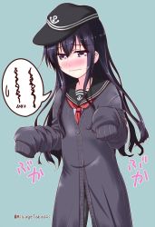 Rule 34 | 10s, 1girl, akatsuki (kancolle), anchor symbol, black hair, black pantyhose, blush, buttons, cardigan, flat cap, hands in opposite sleeves, hat, kantai collection, mikage takashi, neckerchief, oversized clothes, oversized shirt, pantyhose, purple eyes, red neckerchief, sailor collar, school uniform, serafuku, shirt, simple background, sleeves past wrists, solo, spoken squiggle, squiggle, twitter username, wavy mouth