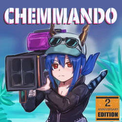 Rule 34 | 1girl, absurdres, arknights, baseball cap, blue hair, blurry, blurry background, breasts, ch&#039;en (arknights), ch&#039;en the holungday (arknights), cleavage, commentary request, day, dragon horns, dragon tail, english text, expressionless, eyewear on head, gun, hair between eyes, hat, highres, holding, holding gun, holding weapon, hood, hood down, hooded jacket, hoodie, horns, jacket, long hair, looking at viewer, m202 flash, medium breasts, multiple-barrel firearm, multishot rocket launcher, official alternate costume, omurainu, outdoors, red eyes, rocket launcher, solo, sunglasses, tail, upper body, water, weapon