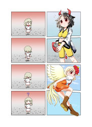 Rule 34 | 3girls, 4koma, :3, ?, ^^^, animal, animal on head, animal print, bird, bird on head, bird tail, bird wings, black hair, blonde hair, blue sky, boots, breast rest, breasts, brown footwear, chibi, chick, clothes lift, clothes pull, cloud, comic, commentary request, cow horns, cow print, crop top, dress, earlobes, ebisu eika, expressionless, feathered wings, fourth wall, grey hair, hand on own ass, haori, head tilt, highres, holding, horns, japanese clothes, large breasts, layered dress, long earlobes, looking at viewer, looking back, looking down, multicolored hair, multiple girls, niwatari kutaka, notice lines, on head, orange skirt, puffy short sleeves, puffy sleeves, rakugaki-biyori, red eyes, red hair, rock, shirt, shirt pull, short hair, short sleeves, shorts, sitting, skirt, skirt lift, sky, solid circle eyes, split-color hair, standing, statue, tail, touhou, two-tone hair, ushizaki urumi, white dress, wings, yellow shirt, yellow shorts