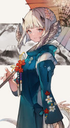 Rule 34 | 1girl, arm at side, au ra, warrior of light (ff14), blonde hair, blue coat, blue eyes, blunt bangs, bob cut, coat, collared coat, commission, cowboy shot, dragon girl, dragon horns, dragon tail, eyeshadow, final fantasy, final fantasy xiv, floral print, flower, from side, hair flower, hair ornament, hatching (texture), highres, holding, holding umbrella, horns, kemomin nosuke, long sleeves, looking at viewer, makeup, mountain, multiple horns, outdoors, red eyeshadow, red flower, scales, short hair, solo, square enix, standing, tail, tassel, tree, umbrella, white background