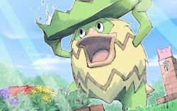 Rule 34 | black eyes, cloud, commentary request, creatures (company), day, ditto, faucet, flower, from below, game freak, gen 1 pokemon, gen 3 pokemon, grass, ludicolo, mukiguri, nintendo, no humans, open mouth, outdoors, pokemon, pokemon (creature), sky, tongue, water, water drop, yellow flower