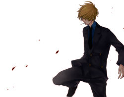 Rule 34 | 1boy, black suit, blonde hair, blue shirt, cigarette, fighting stance, formal, hair over eyes, kicking, male focus, necktie, one piece, pinstripe pattern, sanji (one piece), shirt, simple background, smoking, solo, striped, suit, white background