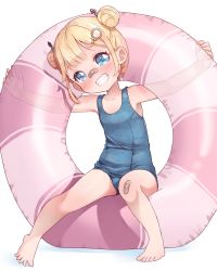 Rule 34 | 1girl, aged down, alternate hairstyle, bandaid, bandaid on face, bandaid on knee, bandaid on leg, bandaid on nose, bare arms, bare legs, barefoot, blonde hair, blue eyes, blue one-piece swimsuit, commentary, double bun, full body, grin, hair bun, hair ornament, hairclip, head tilt, highres, hololive, hololive english, innertube, kiirokuma, looking at viewer, one-piece swimsuit, simple background, sitting, smile, solo, swim ring, swimsuit, virtual youtuber, watson amelia, white background
