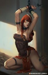 Rule 34 | 1girl, adepta sororitas, barefoot, blue eyes, breasts, chain, chained, cleavage, cuffs, handcuffs, highres, hood, medium breasts, paid reward available, pelvic curtain, pinup (style), purity seal, red hood, sgt lonely, sister repentia, slave, solo, thigh strap, warhammer 40k