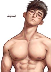 Rule 34 | 1boy, abs, bara, glasses, greenteaa, highres, large pectorals, looking at viewer, male focus, mature male, muscular, muscular male, nipples, original, pectorals, short hair, smile, solo, spiked hair, thick eyebrows, topless male