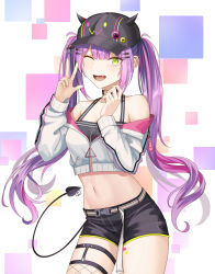 Rule 34 | 1girl, absurdres, badge, black shorts, breasts, button badge, cleavage, demon tail, ear piercing, fang, green eyes, hair ornament, hairclip, halterneck, hand up, hat, hat ornament, highres, hololive, horns, long hair, looking at viewer, medium breasts, multicolored hair, nail polish, navel, piercing, pink hair, pink nails, purple hair, short shorts, shorts, simple background, solo, standing, streaked hair, tail, tail ornament, tail piercing, tokoyami towa, twintails, v, virtual youtuber, yellow nails, yt9676, zipper