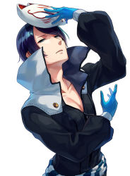 Rule 34 | 1boy, arm up, asada hachi, black hair, black jacket, blue eyes, blue gloves, commentary, dated commentary, fox mask, gloves, holding, holding mask, jacket, kitagawa yuusuke, looking at viewer, male focus, mask, parted lips, pectorals, persona, persona 5, popped collar, short hair, simple background, solo, upper body, white background, zipper pull tab