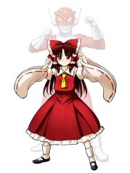 Rule 34 | 1girl, ascot, bobby socks, bow, brown eyes, brown hair, commentary request, detached sleeves, hair bow, hair tubes, hakurei reimu, highres, itou yuuji, long hair, mary janes, nontraditional miko, red bow, redman, redman (character), ribbon-trimmed sleeves, ribbon trim, shoes, socks, touhou, white background, white legwear, wide sleeves, yellow ascot