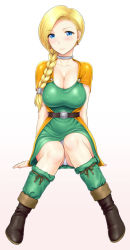 Rule 34 | 1girl, ankle boots, belt, bianca (dq5), blonde hair, blue eyes, blush, boots, braid, breasts, cape, choker, cleavage, dragon quest, dragon quest v, dress, earrings, covered erect nipples, full body, hair over shoulder, jewelry, knees together feet apart, large breasts, leg warmers, long hair, panties, pantyshot, single braid, sitting, solo, square enix, st.germain-sal, underwear, white panties
