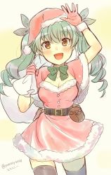 Rule 34 | 1girl, anchovy (girls und panzer), arm up, artist name, belt, black belt, black thighhighs, blush, bow, bowtie, breasts, brown eyes, capelet, carrying over shoulder, cleavage, commentary, cowboy shot, dress, drill hair, fur-trimmed capelet, fur-trimmed dress, fur-trimmed gloves, fur trim, girls und panzer, gloves, green bow, green bowtie, green hair, grey ribbon, hair ribbon, hat, long hair, looking at viewer, medium breasts, open mouth, pouch, red gloves, red hat, ribbon, sack, santa hat, short dress, skindentation, smile, solo, standing, thighhighs, totonii (totogoya), twin drills, twintails, twitter username, waving