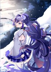 Rule 34 | + +, 1girl, absurdly long hair, absurdres, azur lane, back cutout, chinese new year, clothing cutout, dress, from behind, hair between eyes, highres, long hair, looking at viewer, looking back, multicolored hair, official alternate costume, pantyhose, purple dress, purple eyes, purple hair, snow, solo, standing, streaked hair, two-tone dress, two-tone hair, very long hair, weinayi, white dress, white hair, white pantyhose, wide sleeves, yoizuki (azur lane), yoizuki (firecrackers and steamed buns) (azur lane)