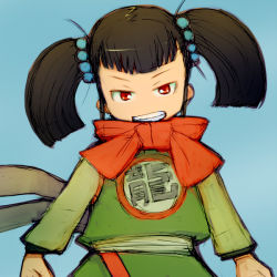 Rule 34 | 1girl, alchera, black hair, dragon quest, dragon quest iii, fighter (dq3), looking at viewer, open mouth, red eyes, short twintails, simple background, smile, solo, twintails