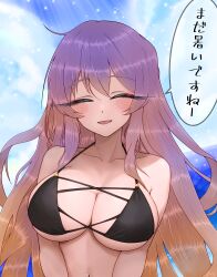 Rule 34 | 1girl, ^ ^, absurdres, bare shoulders, bikini, black bikini, blue sky, blush, breasts, cleavage, closed eyes, cloud, cloudy sky, collarbone, commentary request, day, facing viewer, gradient hair, hair between eyes, highres, hijiri byakuren, large breasts, light smile, long eyelashes, long hair, multi-strapped bikini top, multicolored hair, navel, open mouth, outdoors, purple hair, sky, smile, solo, speech bubble, stomach, sugar you, swimsuit, tongue, touhou, translation request, two-tone hair, upper body, water