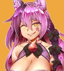 Rule 34 | 1girl, animal ears, bell, black hair, blush, bow, breasts, cat ears, cheshire cat (monster girl encyclopedia), elakan, facial tattoo, grin, hair between eyes, hair bow, highres, large breasts, long hair, looking at viewer, monster girl, monster girl encyclopedia, multicolored hair, one eye closed, orange background, purple hair, purple theme, simple background, slit pupils, smile, solo, streaked hair, tattoo, troll face, upper body, yellow eyes