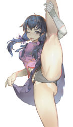 Rule 34 | 1girl, :3, :p, absurdres, ass, bandaged arm, bandages, black bow, black bowtie, black panties, bow, bowtie, breasts, brown eyes, clothes lift, commentary, cowboy shot, curtsey, dongue, feet out of frame, hand on own leg, highres, kanbaru suruga, lifting own clothes, long hair, looking at viewer, low-tied long hair, low ponytail, medium breasts, midriff, midriff peek, monogatari (series), naoetsu high school uniform, nokiya (673609021), one eye closed, panties, pantyshot, pink shirt, purple skirt, school uniform, shirt, simple background, skirt, skirt lift, smile, solo, split, standing, standing on one leg, standing split, thighs, tongue, tongue out, underwear, white background