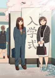 Rule 34 | 1other, 3girls, absurdres, arms behind back, bag, black bag, black sweater, blue bag, blue jacket, blue pants, bow, bowtie, brown footwear, brown hair, brown sweater, cherry blossoms, day, earrings, formal, high heels, highres, holding, holding bag, jacket, jewelry, kojiro337, loafers, long hair, looking at viewer, multiple girls, necklace, original, outdoors, pants, pencil skirt, pink bow, pink bowtie, plaid, plaid jacket, ponytail, ribbon, shirt, shoes, short hair, single earring, skirt, smile, standing, suit, sweater, tree, uniform, white footwear, white shirt, white skirt
