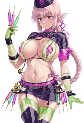 Rule 34 | 1girl, belt, between fingers, bikini, bikini under clothes, black footwear, black hat, black skirt, boots, braid, breasts, cleavage, closed mouth, cowboy shot, elbow gloves, fate/grand order, fate (series), florence nightingale (fate), florence nightingale (trick or treatment) (fate), garter straps, gloves, green bikini, green gloves, green thighhighs, hammerman benkei, hat, highres, holding, holding syringe, id card, large breasts, latex, latex bikini, latex gloves, latex thighhighs, layered bikini, long hair, looking at viewer, miniskirt, navel, official alternate costume, pencil skirt, pink bikini, pink hair, pink ribbon, red eyes, ribbon, short sleeves, shrug (clothing), side-tie bikini bottom, simple background, single braid, skirt, solo, stomach, swimsuit, syringe, thigh boots, thigh gap, thighhighs, thighhighs under boots, very long hair, white background, zettai ryouiki