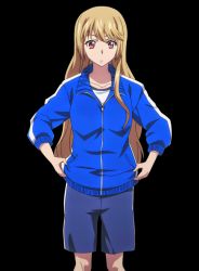 Rule 34 | 10s, 1girl, aiba asagi, blue shorts, blue sweater, collarbone, highres, light brown hair, long hair, looking down, red eyes, shirt, shorts, solo, standing, strike the blood, sweater, transparent background, very long hair, white shirt, zipper