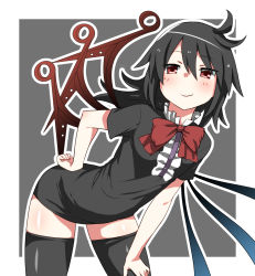 Rule 34 | 1girl, :3, antenna hair, arm support, asymmetrical wings, bent over, black dress, black hair, black thighhighs, blush, bow, bowtie, dress, flat chest, hand on own hip, hand on own thigh, highres, houjuu nue, kz oji, leaning forward, long hair, looking at viewer, red eyes, smirk, solo, thighhighs, touhou, wings, zettai ryouiki