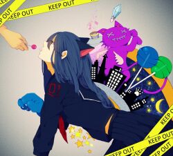 Rule 34 | 100am, 1girl, animal ears, animal hands, blue hair, candy, cat, cat ears, cat paws, caution tape, cityscape, claws, crescent moon, crystal, envy cat walk (vocaloid), food, lollipop, long hair, moon, pleated skirt, purple cat, saliva, saliva trail, school uniform, serafuku, sexually suggestive, skirt, solo focus, star (sky), star (symbol), tongue, tongue out, vocaloid, x x
