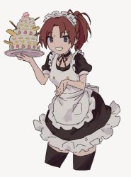 Rule 34 | 1girl, apron, black dress, black thighhighs, brown hair, cake, dress, food, frilled dress, frills, hand up, hibike! euphonium, holding, holding plate, kurokobokan, layer cake, long hair, looking at viewer, maid, maid apron, maid headdress, nakagawa natsuki, neck ribbon, outstretched arm, parted lips, plate, ponytail, purple eyes, red ribbon, ribbon, short sleeves, simple background, smile, solo, standing, thighhighs, white apron, white background, zettai ryouiki