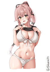 Rule 34 | 1girl, bikini, blush, breasts, clothes lift, cropped legs, ebifurya, gluteal fold, hair between eyes, hair flaps, hair intakes, hands up, high ponytail, highres, kantai collection, large breasts, lifting own clothes, long hair, looking at viewer, navel, one-hour drawing challenge, open mouth, pink hair, simple background, skindentation, smile, swimsuit, thighs, twitter username, very long hair, white background, white bikini, yellow eyes, yura (kancolle)