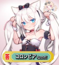Rule 34 | 2girls, ahoge, animal ear fluff, animal ears, apron, arms up, azur lane, bare shoulders, black bow, black dress, blonde hair, blue eyes, blush, bow, breasts, blowing bubbles, cameo, cat ears, cat hair ornament, chewing gum, choker, closed mouth, collarbone, colombia pose, columbia (azur lane), commentary request, detached sleeves, dress, eyewear on head, fang, fang out, gradient background, hair between eyes, hair bow, hair ornament, hammann (azur lane), holding, holding hair, long hair, looking at viewer, meme, multiple girls, nanopai kakumeikokonoyu, puffy detached sleeves, puffy sleeves, raglan sleeves, red choker, retrofit (azur lane), shirt, sidelocks, simple background, small breasts, solo focus, standing, star (symbol), star print, strapless, strapless dress, sunglasses, sunglasses on head, t-shirt, translation request, twitter username, upper body, very long hair, waist apron, white apron, white background, white hair, wristband