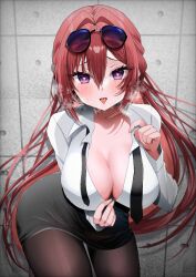 Rule 34 | 1girl, azur lane, black pantyhose, black skirt, blush, breasts, cleavage, collared shirt, eyewear on head, hair between eyes, hair intakes, heart, heart-shaped pupils, highres, large breasts, long hair, looking at viewer, monarch (azur lane), monarch (detective arriving on the scene) (azur lane), official alternate costume, pantyhose, parted lips, pencil skirt, purple eyes, red hair, shirt, sino rameko, skirt, solo, symbol-shaped pupils, tongue, tongue out, very long hair, white shirt