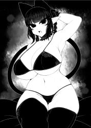 Rule 34 | 1girl, animal ears, arm behind head, blunt bangs, bra, braid, breasts, cat ears, cat girl, cat tail, cleavage, commentary, cowboy shot, curvy, extra ears, greyscale, groin, haseru (ginku mh), huge breasts, kaenbyou rin, lingerie, looking at viewer, medium hair, monochrome, multiple tails, navel, nekomata, open mouth, panties, pointy ears, side braids, sidelocks, solo, symbol-only commentary, tail, thighhighs, touhou, twin braids, two tails, underwear