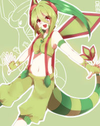 Rule 34 | 1girl, bare shoulders, creatures (company), fingerless gloves, flygon, game freak, gen 3 pokemon, gloves, green hair, highres, long hair, looking at viewer, midriff, multicolored hair, nail polish, navel, nintendo, open mouth, personification, pokedex number, pokemon, ponytail, red eyes, smile, solo, suspenders, tail, takeshima eku, two-tone hair