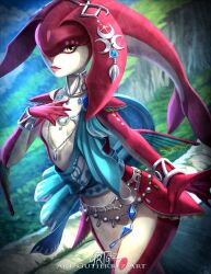 1girl artzgut bracelet champion&#039;s_tunic_(zelda) collar fish_girl hair_ornament hand_on_own_chest highres jewelry mipha monster_girl nintendo the_legend_of_zelda the_legend_of_zelda:_breath_of_the_wild zora