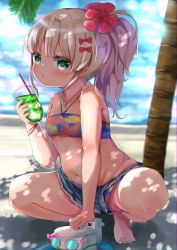 Rule 34 | 1girl, bare arms, bare legs, bare shoulders, barefoot, bikini, bikini under clothes, blue shorts, blurry, blurry background, blush, bow, breasts, collarbone, commentary request, cup, depth of field, drinking glass, drinking straw, flower, grecale (kancolle), green eyes, hair bow, hair flower, hair ornament, halterneck, halterneck, highres, holding, holding cup, kantai collection, long hair, mugichoko (mugi no choko), navel, parted lips, pink-framed eyewear, ponytail, red bow, red flower, short shorts, shorts, silver hair, small breasts, solo, spread legs, squatting, sunglasses, swimsuit, tree