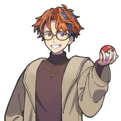 Rule 34 | 1boy, anmochi, bespectacled, black hair, brown-framed eyewear, brown coat, brown shirt, coat, creatures (company), earrings, fang, game freak, glasses, grin, heterochromia, holding, holding poke ball, holostars, jewelry, looking at viewer, male focus, mole, mole under eye, multicolored hair, necklace, nintendo, official alternate costume, orange eyes, orange hair, outline, parody, parted bangs, poke ball, poke ball (basic), pokemon, purple eyes, shirt, short hair, single earring, smile, solo, streaked hair, style parody, transparent background, turtleneck, upper body, v-shaped eyebrows, virtual youtuber, yukoku roberu
