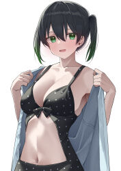 Rule 34 | 1girl, absurdres, black hair, black one-piece swimsuit, breasts, changing clothes, cleavage, clothing cutout, double-parted bangs, embarrassed, gradient hair, green eyes, green hair, hair between eyes, highres, kawai ritsu (rits meg), looking at viewer, love live!, love live! nijigasaki high school idol club, medium breasts, multicolored hair, navel cutout, nervous smile, official alternate costume, one-piece swimsuit, open mouth, polka dot, polka dot swimsuit, short hair, smile, solo, sweatdrop, swimsuit, swimsuit under clothes, takasaki yu, two-tone hair