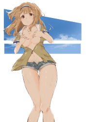 Rule 34 | 1girl, blue shorts, breasts, brown eyes, brown shirt, commentary request, covering privates, covering breasts, cutoffs, denim, denim shorts, feet out of frame, hairband, highres, i-26 (kancolle), kantai collection, large breasts, light brown hair, long hair, open mouth, rimiera, shirt, shorts, solo, thigh gap, two-tone hairband, two side up