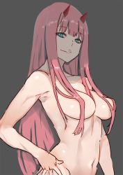 Rule 34 | 10s, 1girl, aqua eyes, breasts, collarbone, commentary request, convenient censoring, darling in the franxx, grey background, hair censor, hair over breasts, hand on own hip, highres, horns, long hair, looking at viewer, medium breasts, navel, nude, parted lips, pink hair, shiny skin, simple background, smile, solo, soranaka ame, standing, teeth, upper body, very long hair, zero two (darling in the franxx)
