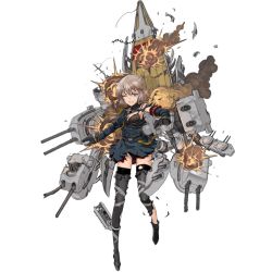 Rule 34 | 1girl, aiguillette, armband, belt, bismarck (warship girls r), black bra, black gloves, black panties, black shirt, black thighhighs, blue eyes, boots, bra, breasts, broken, buttons, cannon, cross, damaged, double-breasted, epaulettes, explosion, full body, gloves, grey footwear, grey hair, iron cross, jacket, js sang, long sleeves, looking at viewer, machinery, military, military jacket, military uniform, miniskirt, official art, one eye closed, open mouth, panties, pleated skirt, red skirt, shirt, short hair, skirt, smoke, solo, standing, teeth, thigh boots, thighhighs, torn clothes, transparent background, turret, underwear, uniform, warship girls r