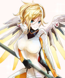 Rule 34 | 1girl, blonde hair, blue eyes, bodysuit, breasts, halo, holding, holding staff, holding weapon, large breasts, long hair, looking at viewer, mechanical halo, mechanical wings, mercy (overwatch), miya (zawarudo), overwatch, overwatch 1, ponytail, smile, solo, staff, upper body, weapon, wings, yellow wings