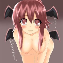 Rule 34 | 1girl, bad id, bad pixiv id, bent over, blush, breasts, embarrassed, embodiment of scarlet devil, female focus, frown, hanging breasts, head wings, koakuma, large breasts, long hair, nase, nipples, nude, red eyes, red hair, solo, tears, touhou, translated, wings