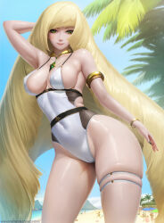 Rule 34 | 1girl, arm up, armlet, blonde hair, bracelet, breasts, breasts apart, covered navel, creatures (company), curvy, day, game freak, green eyes, highleg, highleg swimsuit, highres, jewelry, large breasts, limgae, long hair, looking at viewer, lusamine (pokemon), nintendo, one-piece swimsuit, outdoors, pokemon, pokemon sm, shiny skin, smile, solo, swimsuit, thigh strap, very long hair, watermark, web address, wide hips