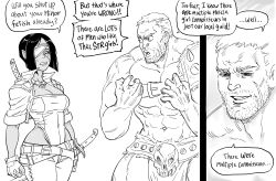 Rule 34 | 1boy, 1girl, abs, armor, bara, bb (baalbuddy), beard, bob cut, breasts, chest belt, cleavage, commentary, covered navel, cropped jacket, dark-skinned female, dark skin, english commentary, english text, eyepatch, facial hair, greyscale, highres, inverted bob, jacket, jewelry, large breasts, leotard, loincloth, monochrome, navel, necklace, one eye covered, open clothes, open jacket, original, parted lips, pauldrons, pectorals, pelvic curtain, pointy ears, scar, shoulder armor, shoulder spikes, simple background, smile, spikes, sword, weapon, white background, wwhiteli