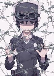 Rule 34 | 1girl, androgynous, barbed wire, black hat, blue eyes, blue hair, blue hat, blue jacket, clover, collared shirt, expressionless, flower, fur hat, goggles, goggles on head, goggles on headwear, grey shirt, hair between eyes, hat, jacket, kino (kino no tabi), kino no tabi, kuroboshi kouhaku, long sleeves, looking at viewer, looking down, mouth hold, official art, shirt, short hair, solo, tomboy, uniform, upper body, white background, white flower, wire