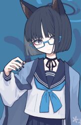 Rule 34 | 1girl, animal ears, black eyes, black hair, black nails, black sailor collar, black skirt, blue-framed eyewear, blue archive, blue background, blue neckerchief, cat ears, cat tail, closed mouth, glasses, hair over one eye, haori, highres, japanese clothes, kikyou (blue archive), long sleeves, multiple tails, nail polish, neckerchief, papaia (quentingqoo), pleated skirt, sailor collar, short hair, simple background, skirt, solo, tail, two tails