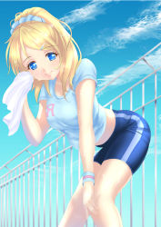 Rule 34 | 10s, 1girl, ass, ayase eli, blonde hair, blue eyes, breasts, cloud, female focus, fence, hair ornament, hairclip, hand on knee, holding, holding towel, korosuke (pixiv3984129), leaning forward, long hair, looking at viewer, love live!, love live! school idol festival, love live! school idol project, outdoors, ponytail, short hair, sky, smile, solo, standing, towel