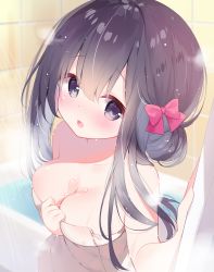 Rule 34 | 1girl, ame usari, bare arms, bare shoulders, bath, bathtub, black hair, blurry, blurry background, blush, bow, breasts, cleavage, collarbone, commentary request, depth of field, flying sweatdrops, hair between eyes, hair bow, highres, large breasts, long hair, looking at viewer, naked towel, open mouth, original, purple eyes, red bow, solo, tile wall, tiles, towel, water