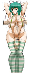 Rule 34 | 1girl, armpits, blush, covered erect nipples, cum, frottage, futanari, gorigori222, green eyes, green hair, hair ribbon, large penis, long hair, newhalf, original, penis, ribbon, thick thighs, thighs, veins, veiny penis