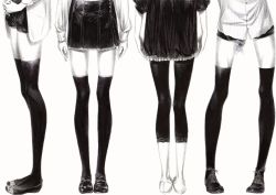 Rule 34 | 4girls, arms behind back, black leggings, dress, from behind, greyscale, head out of frame, high heels, leggings, legs, loafers, lower body, monochrome, multiple girls, original, pumps, shirt, shoes, short shorts, shorts, simple background, skirt, sousou (sousouworks), standing, thighhighs, waist down, white background, zettai ryouiki