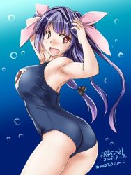 Rule 34 | 1girl, air bubble, artist name, ass, blue background, blue hair, bubble, cowboy shot, dated, flower-shaped pupils, gradient background, hair ribbon, i-19 (kancolle), kantai collection, long hair, looking at viewer, name tag, one-piece swimsuit, open mouth, red eyes, ribbon, school swimsuit, solo, star-shaped pupils, star (symbol), swimsuit, symbol-shaped pupils, tatsumi ray, tri tails, twintails, twitter username, underwater
