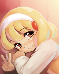 Rule 34 | 10s, 1girl, blonde hair, blush, crazy-nobleman, hairband, highres, kise yayoi, light smile, looking at viewer, necktie, precure, short hair, smile, smile precure!, solo, sweater, tears, v, yellow eyes